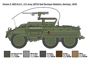 Colour scheme and paint reference diagram for the M20 A.U.C. military vehicle model, showing side profile and color swatches.