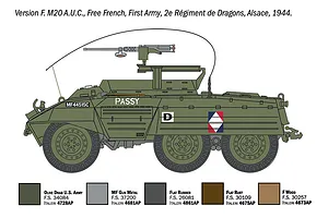 Painting guide diagram showing a side profile of an M20 armoured vehicle in olive drab with paint swatches below.
