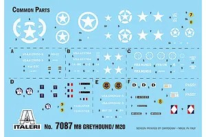 Water slide decal sheet for Italeri 1/72 M8 Greyhound and M20 model kit, featuring US and allied military markings.