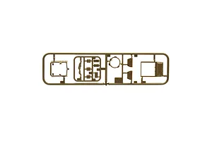 Tan plastic model kit sprue containing various small vehicle components against a plain white background.