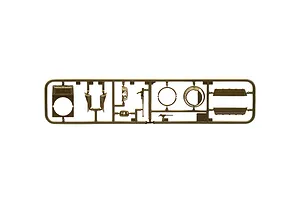 An olive green plastic model kit sprue containing various parts like armor plates and turret components.