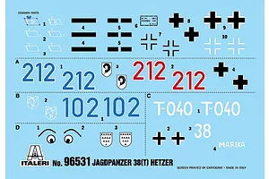 Water slide decal sheet for Italeri 1/35 Jagdpanzer 38(t) Hetzer model kit, featuring numbers, crosses, and insignia.