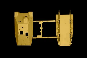 Top-down studio view of plastic model kit parts showing a tank hull and upper body on a sprue against a black background.