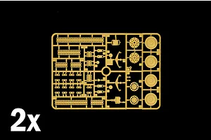 Tan plastic model kit sprue showing tank tracks, wheels, and suspension parts for the Italeri Jagdpanzer Hetzer model.