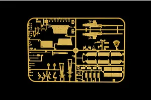 Tan plastic model kit sprue containing various parts and figures on a black background