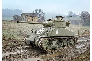Built and painted Italeri 1/35 M36B1 90mm Gun Motor Carriage military tank model diorama in a muddy field.