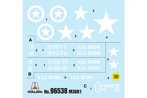 Water slide decal sheet featuring white US military stars, serial numbers, and Italeri branding for a 1/35 scale M36B1 model kit.