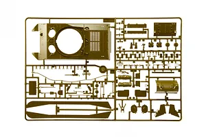 An olive green plastic model kit sprue featuring various military vehicle parts against a white background.