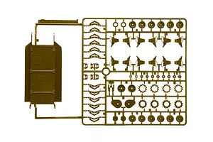 An olive green plastic model kit sprue featuring tank parts including wheels, suspension components, and a hull section.