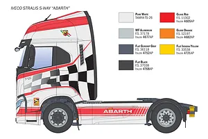 Illustration showing side profile of Italeri 1/24 Iveco S-Way Abarth show truck with suggested paint color swatches.