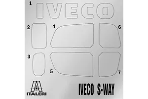 Close-up diagram showing photo-etched parts for the Italeri Iveco S-Way model kit, including IVECO lettering and mirror components.