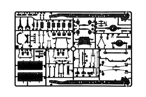 Black plastic model kit parts sprue showing truck chassis components and accessories on a plain white background.