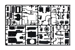 A black plastic model kit sprue containing various unattached parts for a 1/24 scale model truck.