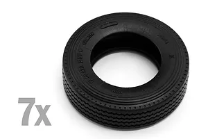 A single black model truck tire with molded tread patterns and sidewall text, next to a 7x quantity indicator on a white background.