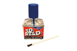 A bottle of Deluxe Materials 3D Weld adhesive with a blue cap and applicator brush on a white background.