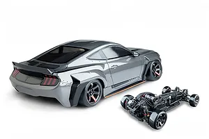 MST MTRTR 275 grey RC drift car body with widebody styling and separate chassis on a clean white background.