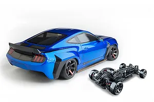 Blue RC drift car body with wide fenders and a separate chassis displayed against a white background.