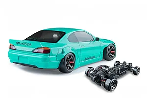 Mint green MST S15RB RC drift car body with Pandem decals and a separate black chassis on a white background.