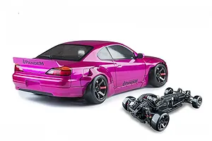Rear-three-quarter view of an RC drift car with a glossy magenta body and Pandem branding, accompanied by its black chassis on a white background.