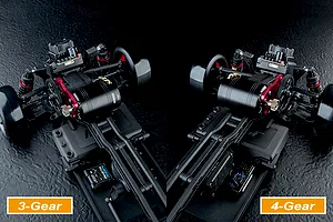Comparison showing the 3-gear and 4-gear transmission setups on an MST RC drift car chassis, highlighting motor and gear placement.