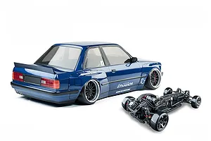 MST E30RB RC car in dark blue with widebody kit alongside its bare chassis on white background