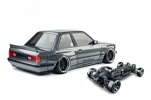 MST E30RB grey RC drift car with Pandem body kit shown alongside its black chassis against a clean white background.
