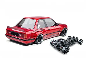 MST E30RB shiny red RC drift car body paired with a separate black chassis on a white background.