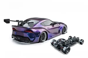 MST A90RB RC drift car body in iridescence purple with a large rear wing, shown alongside its separate black chassis on a white background.