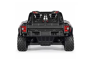 Rear view of the ARRMA MOJAVE 6S 1/7 EXB black RC desert truck showing rear bumper, taillights, and roll cage.