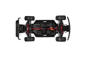 Top down studio view of the ARRMA Mojave 6S EXB chassis showing internal components, red accents, and tires on white background.