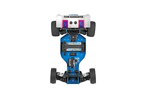 Top down view of the Team Associated RC10 Factory Team Blue Edition chassis showing blue aluminum components, electronics, and rear wing.