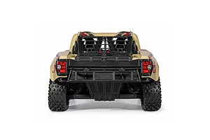 Rear view of the beige Arrma Mojave 6S RC short course truck showing rear bumper, taillights, and roll cage against a white background.