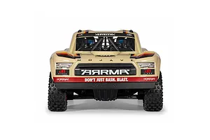 Front view of the ARRMA MOJAVE 6S RC short course truck in beige with driver figures and sponsor decals.