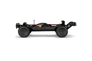 Side view of the black chassis of the ARRMA MOJAVE 6S RC short course truck against a white background.