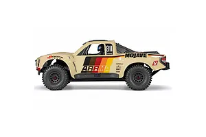 Studio side profile shot of the ARRMA MOJAVE 6S RC Short Course Truck in beige with retro racing livery.