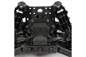 Close-up studio shot of the black aluminum shock tower and dual shocks on an ARRMA RC car.