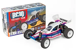 Team Associated RC10 Factory Team Blue Edition buggy kit assembled in front of its colourful product packaging.