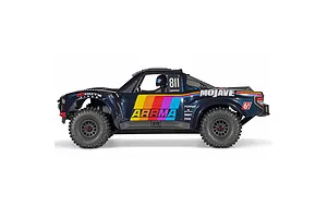 Studio side profile of the ARRMA Mojave 6S blue 1/7 scale RC short course truck against a white background.