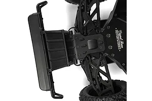 Close-up studio shot of the front suspension, chassis plate, and bumper of the ARRMA MOJAVE 6S RC truck.