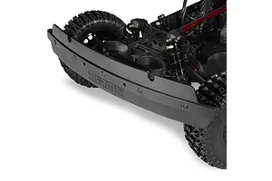 Close-up view of the front bumper, shock towers, and black off-road tires on the ARRMA MOJAVE 6S RC short course truck.