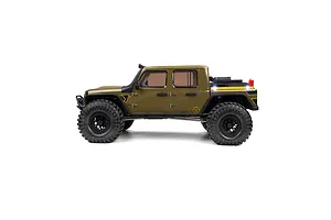 Side profile view of the Axial SCX10 III Motobilt Valyrian Jeep JT Gladiator green RC rock crawler on a white background.