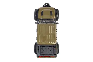 Top-down studio view of the Axial SCX10 III Motobilt Valyrian Jeep JT Gladiator green RC rock crawler showing its roof, bed accessories, and chunky tires.