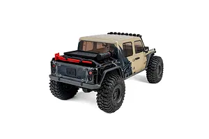 Rear three-quarter studio view of the Axial SCX10 III Motobilt Valyrian Jeep JT Gladiator tan RC crawler.