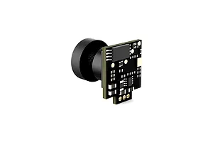 Studio product photo of a small black RC drone camera and circuit board against a clean white background.