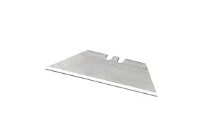 Single silver utility replacement blade with two notches lying flat on a plain white background.