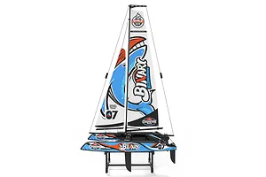 Joysway Binary V3 mini RC catamaran sailboat resting on a black display stand against a white background.