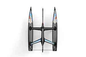 Top down view of the Joysway Binary V3 mini RC catamaran sailboat hull showcasing its black dual hulls and central mast structure.
