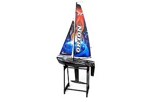 Joysway Orion V2 RC sail boat displayed on a black plastic stand against a clean white background.