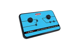 Joysway 2.4GHz digital proportional RC transmitter with blue faceplate and black joysticks on a white background.