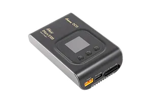Studio product shot of the Gens Ace iMars S100 G-Tech Smart Charger in black, showing the screen, buttons, and ports.
